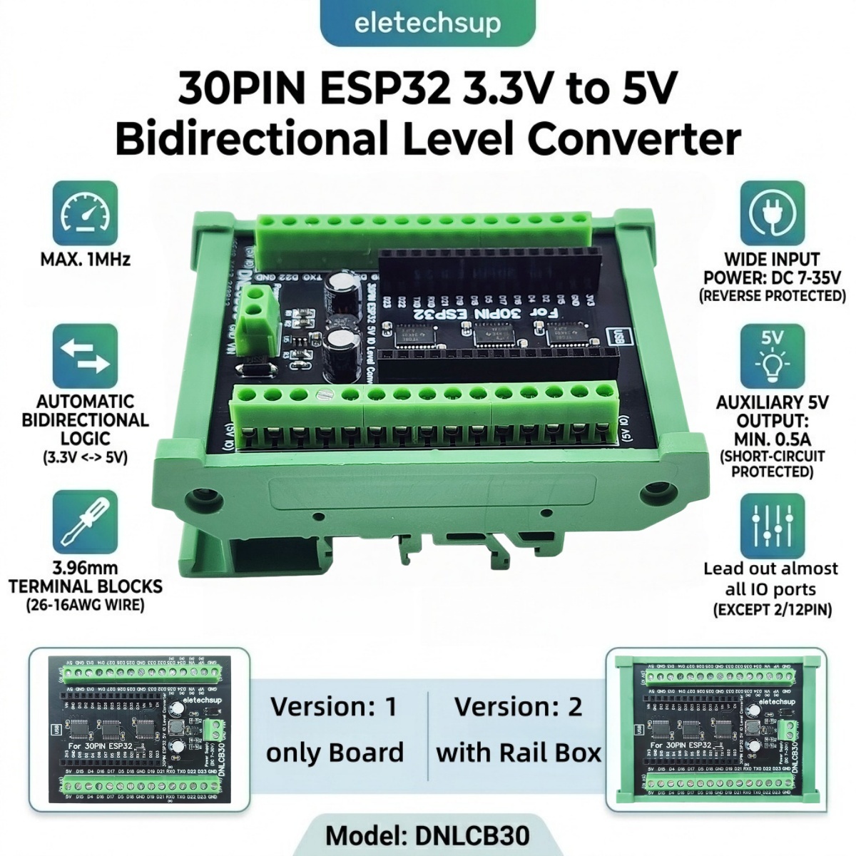 Level Shifter 3.3V - Adaptador de Trilho DIN ESP32 30P,